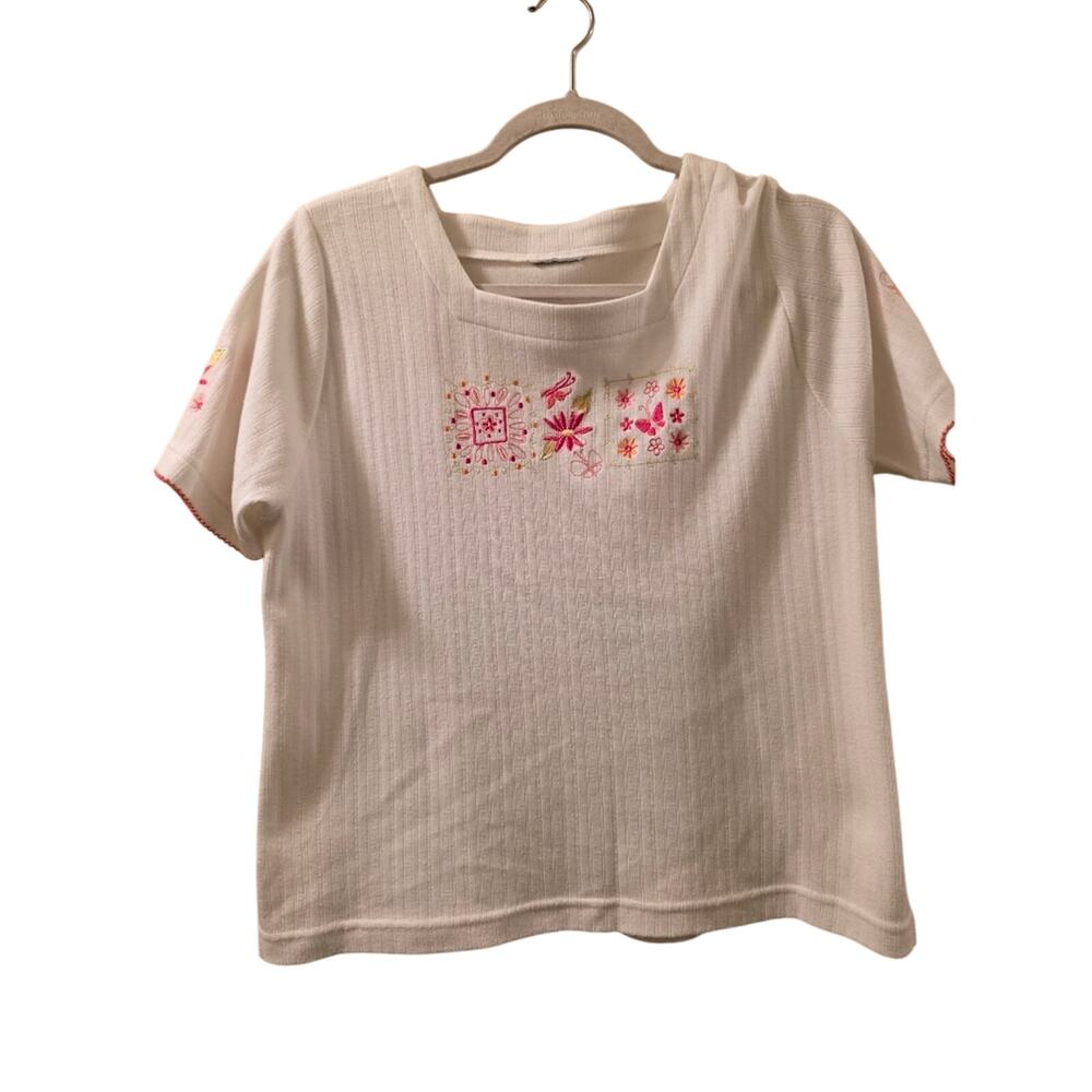Vtg 90s Floral Embroidered Womens Shirt Square Neck Butterflies Cottagecore XL